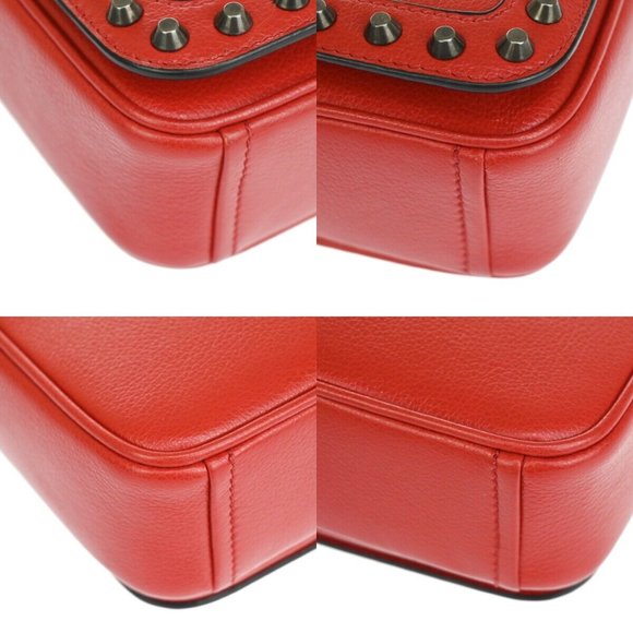 PRADA MILANO Logo Studs Chain Mini Shoulder Bag Calf Leather Fuoco Red 683RJ123 - Picture 9 of 16